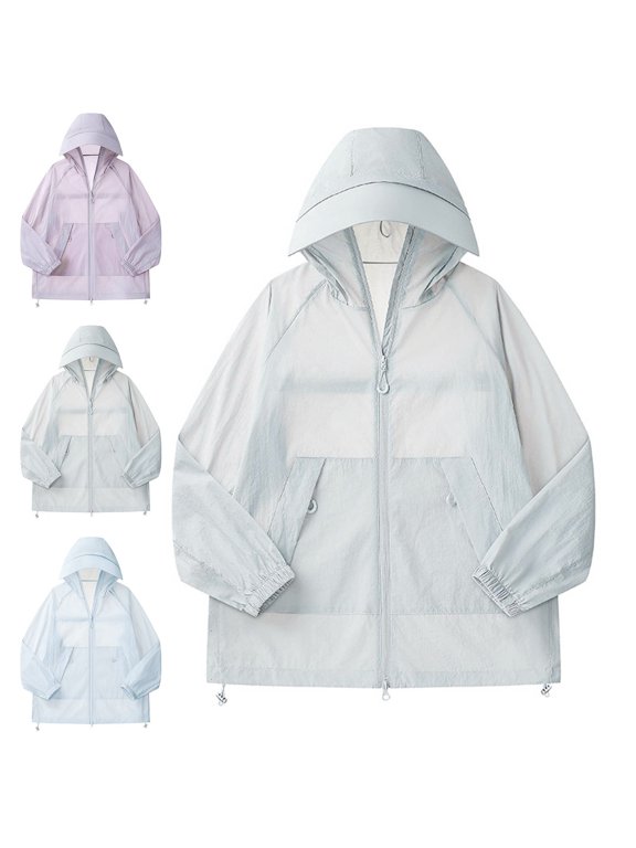 Active Men Rain Jacket Windbreaker Long Sleeve Zip up Lightweight Hooded Solid Loose Jacket SPF Beige XS