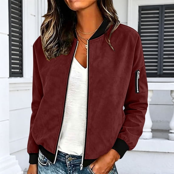 Zivyakyron Bomber Jacket Women Fall Zip Up Cropped Baseball Coats for Women Casual Faux Leather Slimming Long Sleeve Outerwear Red XL