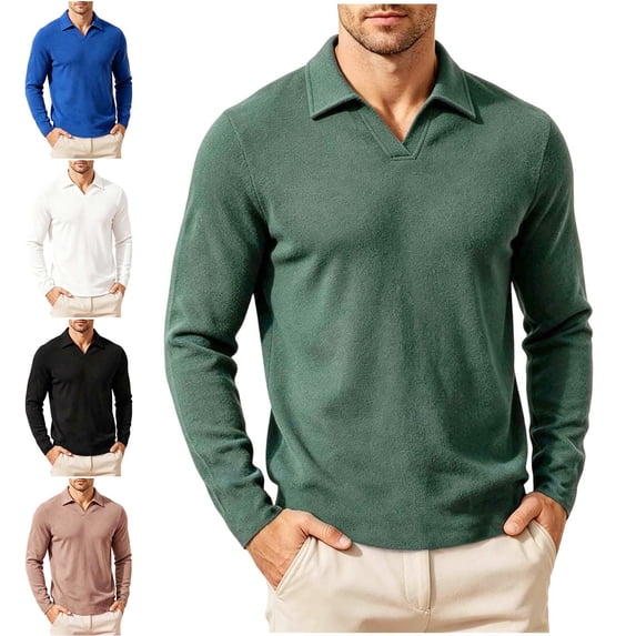 Zivyakyron Business Polos for Men Pullover Knit Long Sleeve Fall Collared Loose Casual Shirts Plain Green 3XL