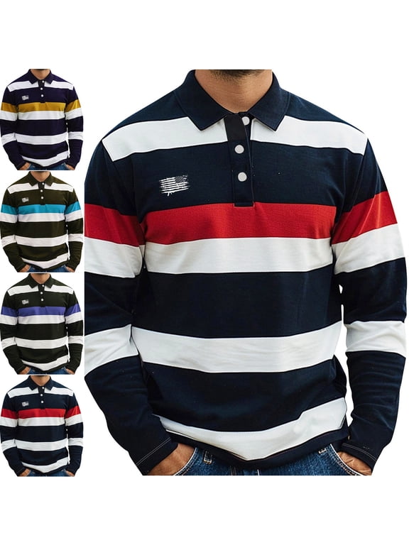Button Mens Polo Striped Long Sleeve Fall Rugby Colorblock Retro Collared Shirt Casual Red M