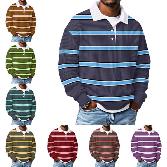 Zivyakyron Button Polos for Men Waffle Fall Long Sleeve Rugby Shirts Loose Collared Casual Colorblock Purple 2XL