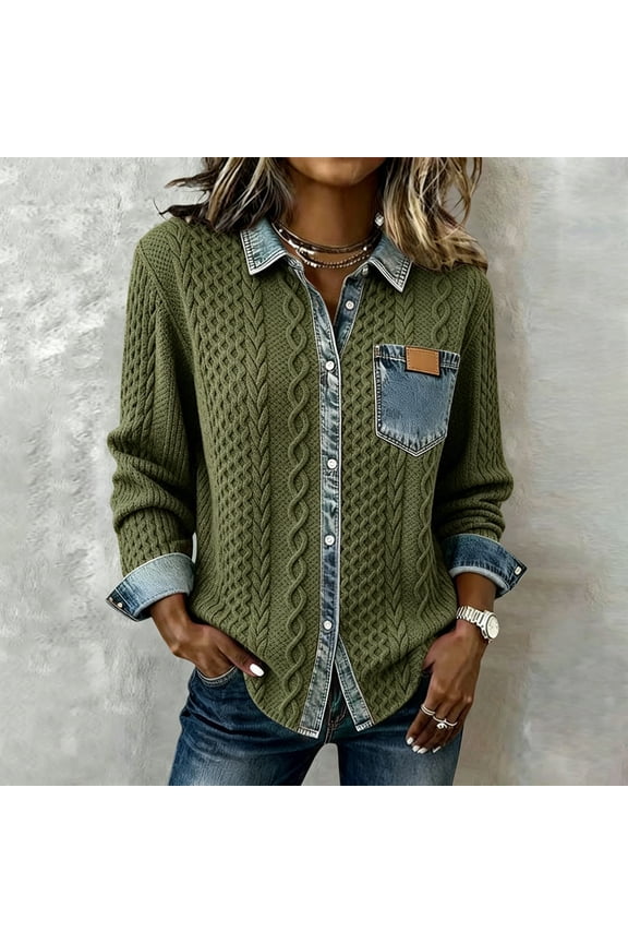 Button up Jacket for Women Fall Trucker Coat Women Slim Color Block Long Sleeve Collared Casual Outerwear Green S