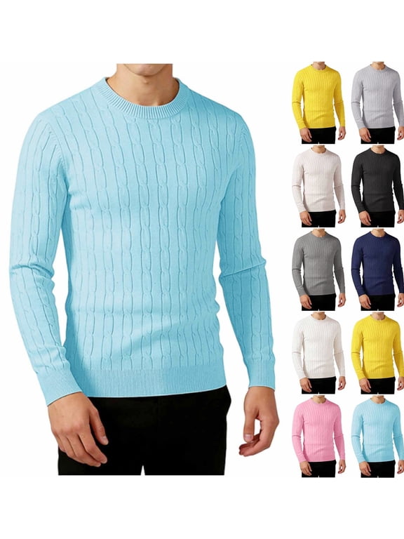 Cable Knit Sweater Men Fall Winter Ribbed Casual Warm Casual Sweaters Slim Crew Neck Gray M