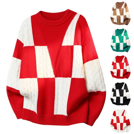 Zivyakyron Cable Knit Sweater Men Ribbed Casual Intarsia Crew Neck Loose Sweaters Fall Winter Casual Brown XL
