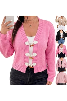 Cardigan Womens Sweaters V Neck Cable Knit Balloon Sleeve Long Sleeve Fall Winter Toggle Buttons Cardigans Pink 2XL