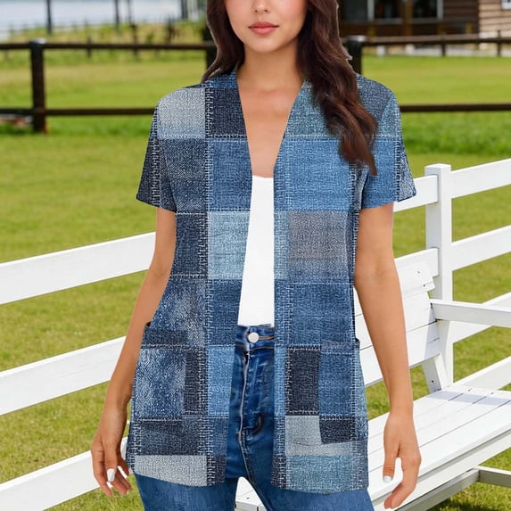 Zivyakyro Cardigans for Women Short Sleeve Vintage Summer Casual Women Tops Open Front with Pocket Loose Plaid Tops