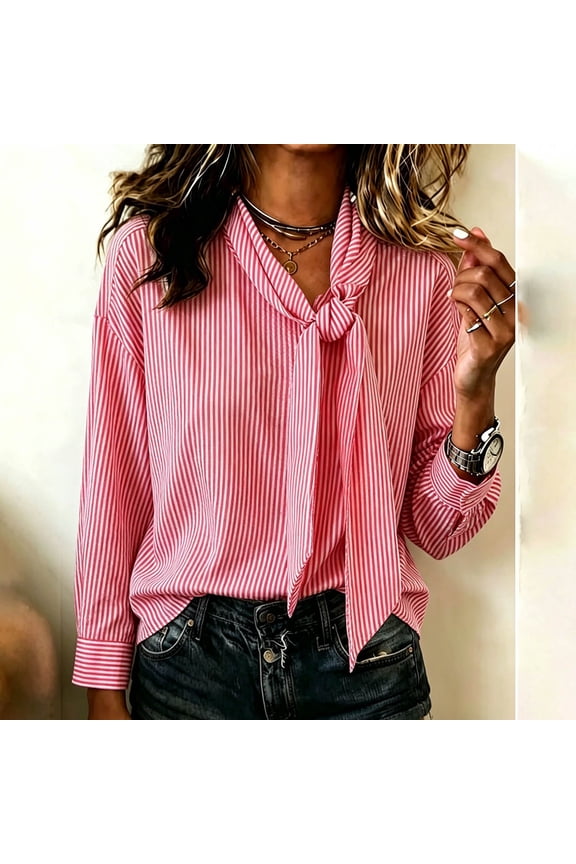 Casual Ladies Blouses Fall Striped Long Sleeve Tunic Tops for Women Tie Front Loose Tie Neck Tops