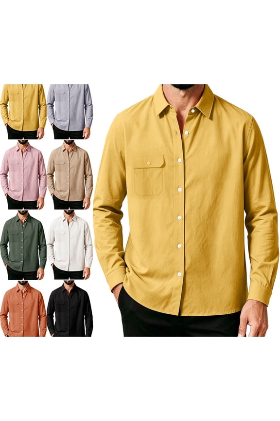 Casual Men Shirt Fall Button up Collared Long Sleeve Plain Loose Work Shirt Black M