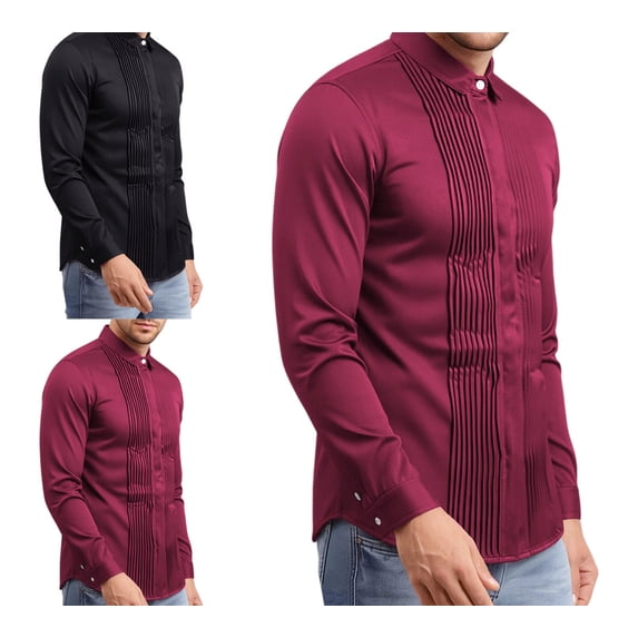 Zivyakyro Casual Men Shirt Fall Wedding Long Sleeve Big and Tall Tuxedo Plain Mandarin Collar Shirt Red 3XL