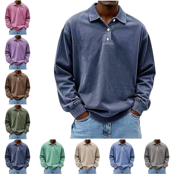 Zivyakyron Casual Mens Polo Shirt Button Long Sleeve Collared Fall Washed Loose Solid Shirts Vintage Khaki L