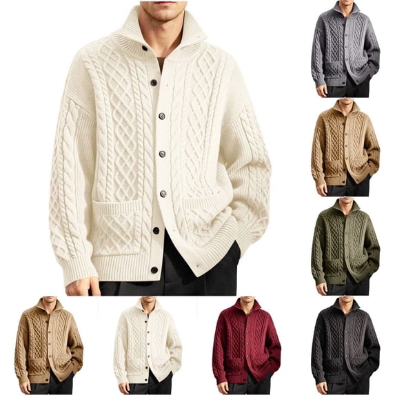 Zivyakyron Casual Sweater Men Fall Winter Ribbed Cable Knit Cardigan Loose Long Sleeve Funnel Neck with Pocket Cardigan