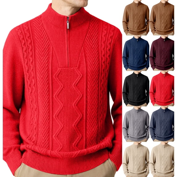 Zivyakyron Casual Sweater for Men Quarter Zip Casual Business Cable Knit Slim Fall Winter Mock Neck Pullover Sweaters Red XL
