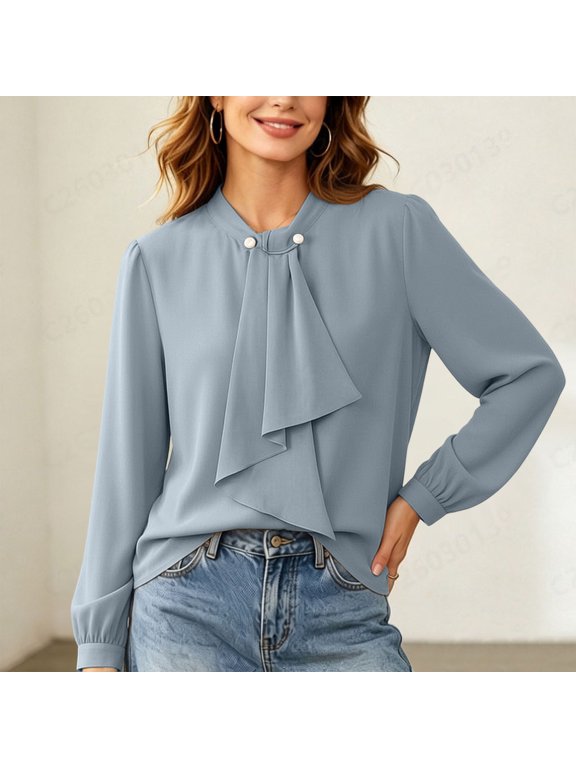Casual Womens Blouse Fall Puff Sleeve Long Sleeve Women Tops Loose Plain Elegant Tie Neck Tops
