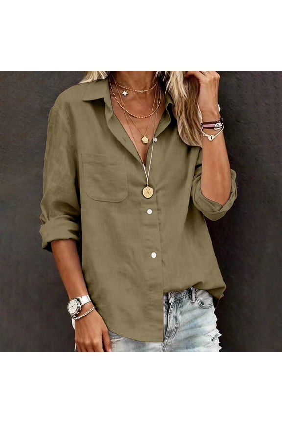 Casual Womens Shirts Cotton Linen Button up Fall Long Sleeve Blouses Ladies Travel Loose Solid Collared Tops Brown S