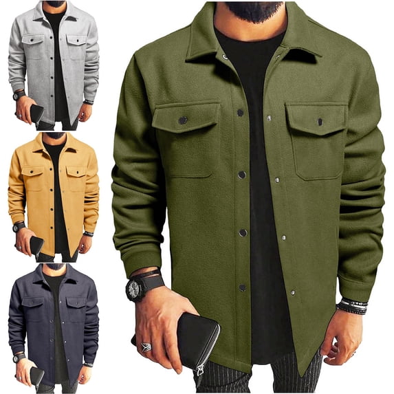Zivyakyron Collared Fleece Jacket Men Wool Blend Fall Winter Button up Long Sleeve with Pocket Shacket Workwear Plain Blue S