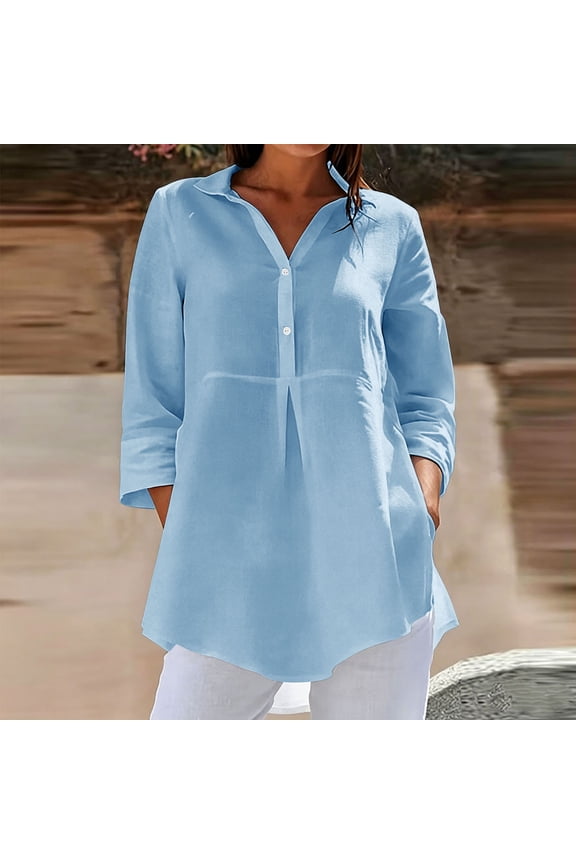 Cotton Blouses Ladies 3/4 Sleeve Fall Collared Casual Top for Ladies High Low Flowy Solid Loose Tops