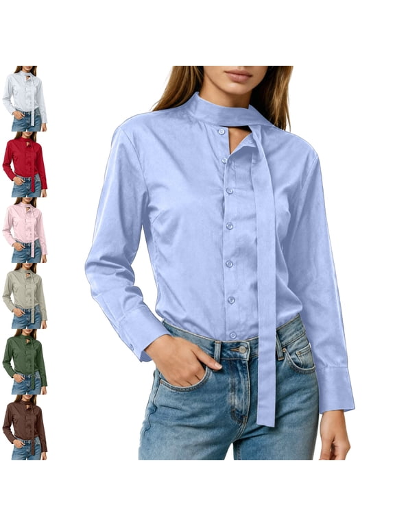 Cotton Linen Women Shirt Office Fall Long Sleeve Slimming Blouses for Women Solid Tie Neck Elegant Casual Tops Brown M