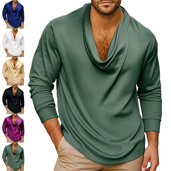 Zivyakyron Cowl Neck Mens Tops Fall Long Sleeve Satin Casual Soft Pullover Solid Shirt Going Out Loose Blue 2XL