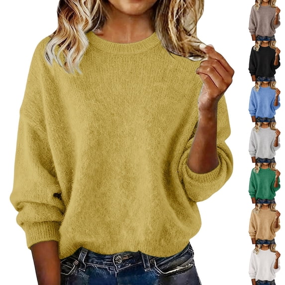 Zivyakyron Cozy Women's Sweaters Knit Fall Winter Jumper Long Sleeve Loose Crew Neck Basic Blouses Casual Gold XL