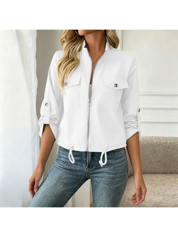 Cropped Bomber Jacket Women Fall Skinny Zip Up Lightweight Coats for Women Utility Long Sleeve Casual Plain Outerwear White L