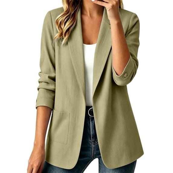 Zivyakyron Dressy Womens Blazer Fall 3/4 Sleeve Cotton Linen Womens Jacket Solid Loose Open Front Ruched Outerwear Khaki M