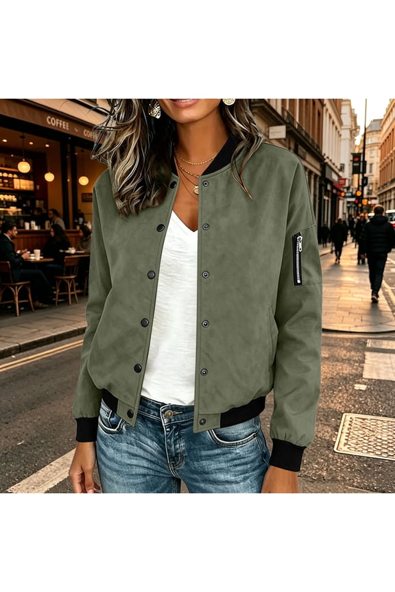 Fall Bomber Jacket Women Baseball Skinny Cropped Womens Coats Faux Leather Solid Long Sleeve Casual Outerwear Green 2XL