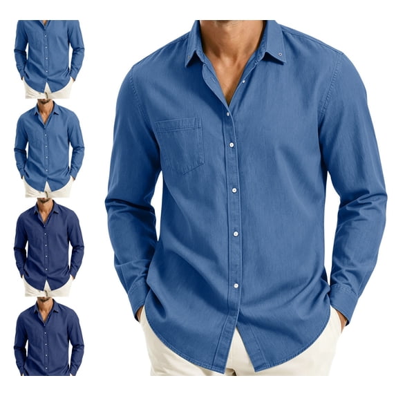 Zivyakyro Fall Men Shirts Office Long Sleeve Collared Cotton Casual Solid with Pocket Loose Shirts Blue L