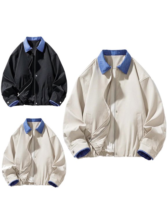 Fall Winter Mens Bomber Jacket Trucker Zip up Long Sleeve Colorblock Loose Workwear Retro Jacket Beige M