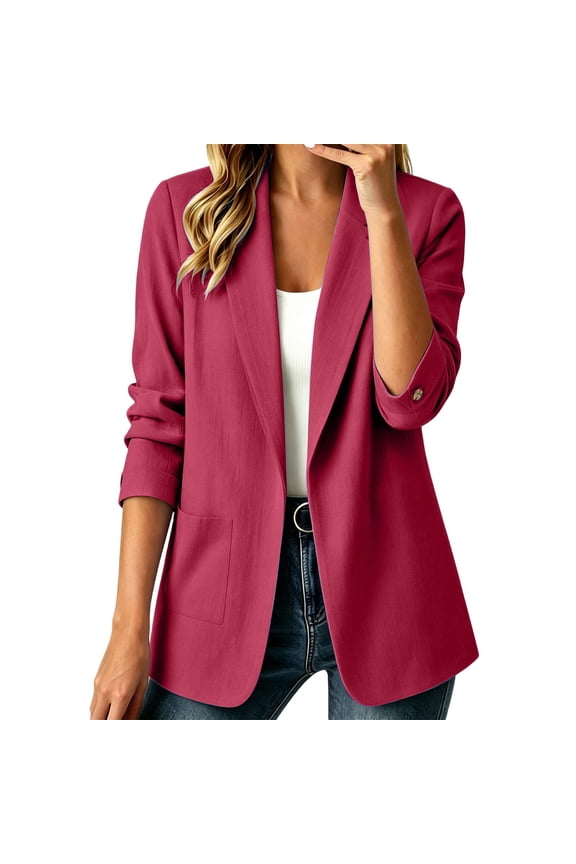 Fall Womens Blazer Cotton Linen Dressy 3/4 Sleeve Womens Jacket Solid Loose Ruched Open Front Outerwear Red M