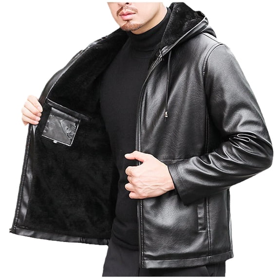 Zivyakyron Faux Leather Mens Jacket Long Sleeve Warm Heavyweight Fall Winter Zip up Plain Jackets Slim Hooded Black S