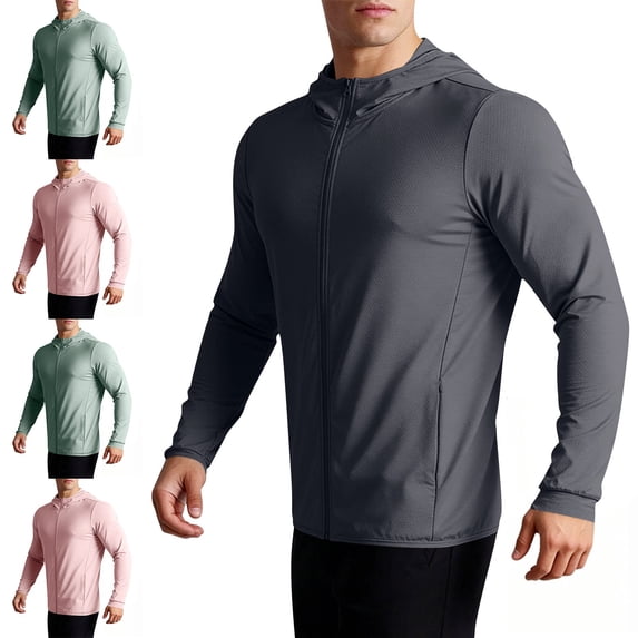Zivyakyron Fishing Windbreaker Jackets for Men Rain Zip up Lightweight Long Sleeve Plain Outdoor Hooded Slim Jackets Green 2XS