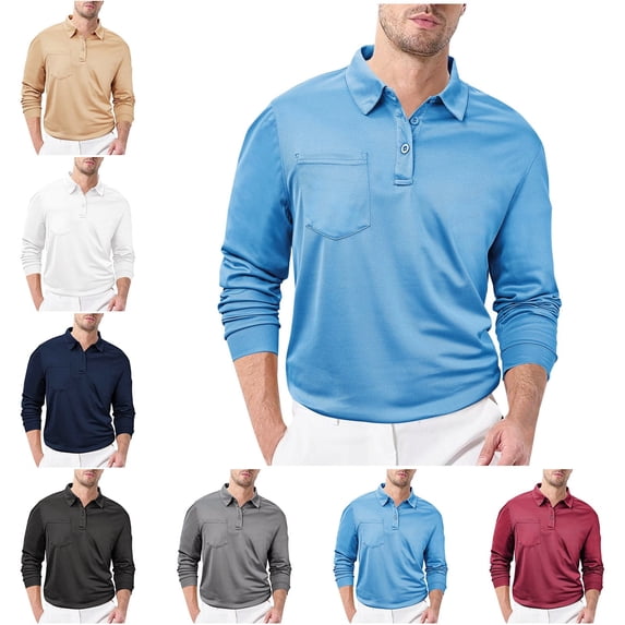 Zivyakyron Golf Mens Polo Shirts Performance Sports Long Sleeve Button Shirts Solid Loose Collared Fall Blue S