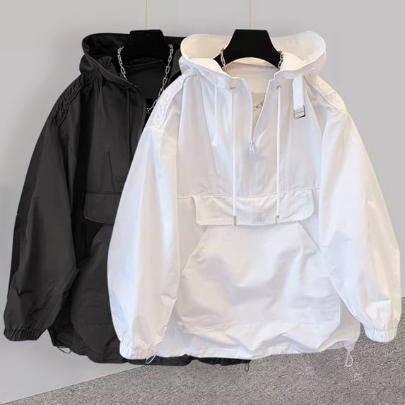 Zivyakyro Half Zip Mens Jacket Long Sleeve Big and Tall Anorak Fall Winter Hooded Drawstring Streetwear Jacket Lightweight Solid Black M