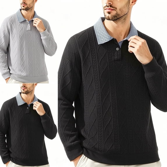 Zivyakyron Knit Men Polo Shirts Long Sleeve Business Button Fall Shirts Collared Colorblock Casual Slimming Gray 2XL