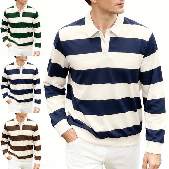 Zivyakyron Knit Polos for Men Striped Button Long Sleeve Rugby Fall Collared Casual Colorblock Shirts Brown L