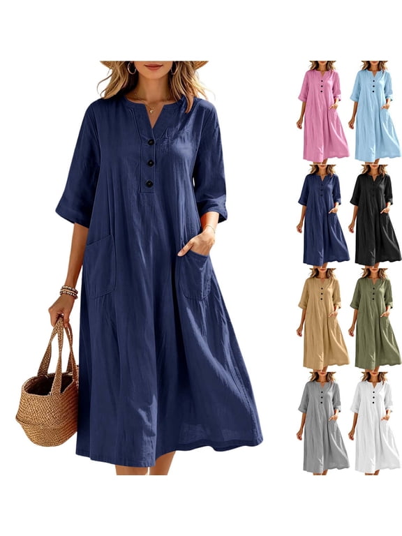 n Ladies Dresses Going Out Henley Neck Shift 3/4 Sleeve Fall Pocketed Plus Size Mid Length Dress Solid Holiday Outfit