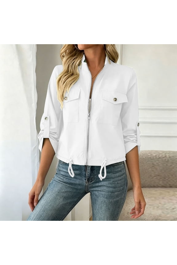 Lightweight Bomber Jacket Women Skinny Cropped Fall Zip Up Coats for Women Long Sleeve Casual Utility Plain Outerwear White XL