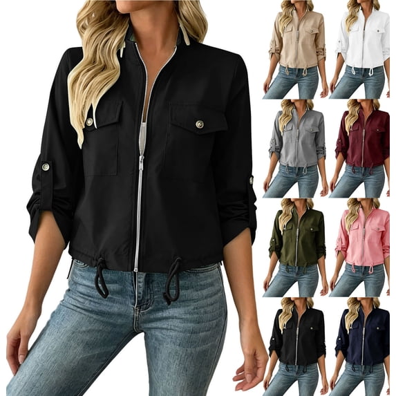 Zivyakyro Lightweight Bomber Jacket Women Skinny Cropped Zip Up Fall Women's Coats Utility Long Sleeve Plain Casual Outerwear Gray XL