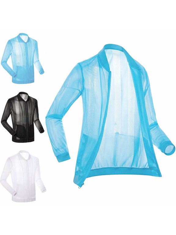 Lightweight Rain Jacket Men Windbreaker Mesh Workout Quick Dry Loose Plain Long Sleeve Zip up Jackets Blue L