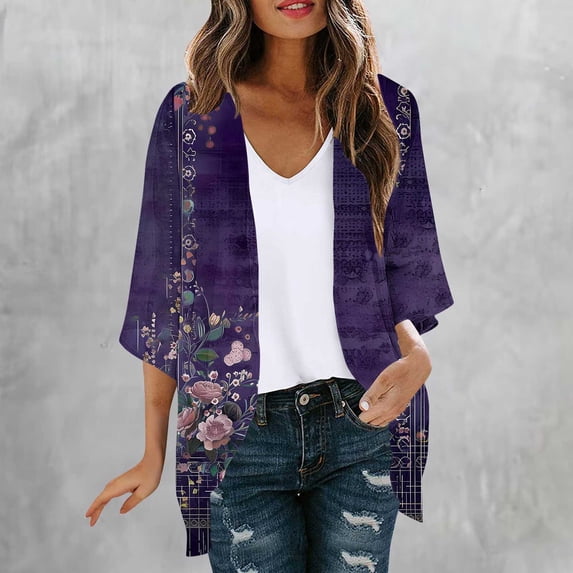 Zivyakyro Lightweight Womens Cardigan Casual Summer 3/4 Sleeve Woman Tops Open Front Cover up Loose Floral Tops