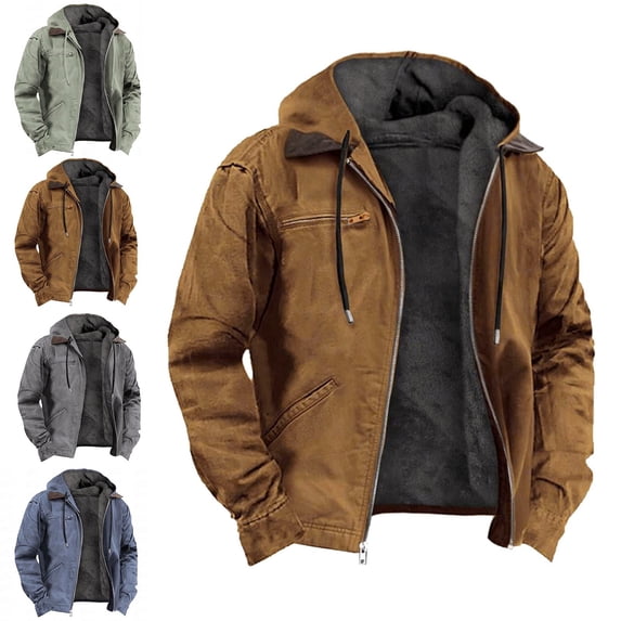 Zivyakyron Long Sleeve Fleece Jacket Men Fall Winter Thick Zip up Heavyweight Jacket Solid Hooded Loose Outerwear Gray 3XL