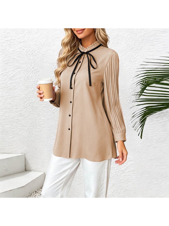 Long Sleeve Ladies Blouse Button Down Fall Casual Womans Tops Loose Tie Neck Plain Pleated Tops