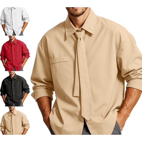 Zivyakyro Long Sleeve Mens Shirts Business Fall Dressy Collared Concealed Placket Shirts Plain Loose Red M