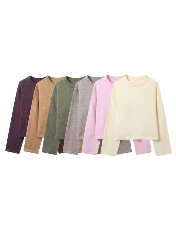 Long Sleeve Sweaters for Women Pullover Sweet Knit Fall Winter Loose Basic Solid Blouse Crew Neck Beige S