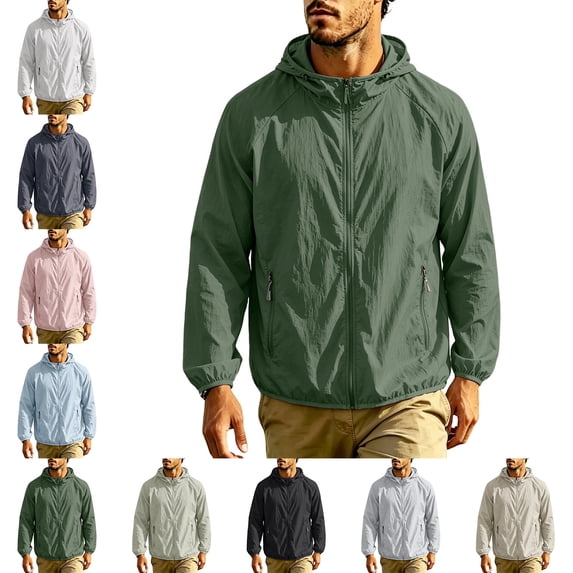 Zivyakyro Long Sleeve Wind Breaker Jackets Mens Rain Active Lightweight Zip up Sun Protection Hooded Loose Plain Jacket Gray L