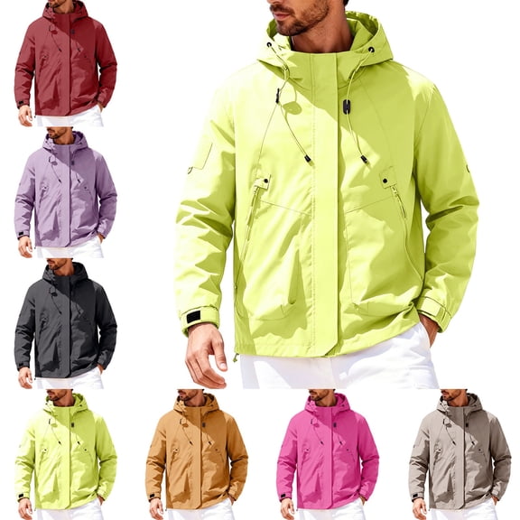 Zivyakyron Long Sleeve Windbreaker Jackets for Men Rain Cycling Lightweight Zip up Outdoor Regular Solid Hooded Jackets Red M