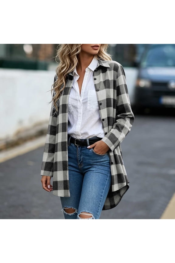 Long Sleeve Women Shirts Fall Plaid Casual Longline Women Blouse Tunic Collared Loose Tops Gray M