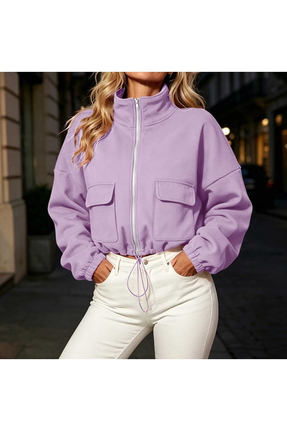 Long Sleeve Womens Jacket Zip Up Fall Cropped Anorak Coats for Women Cargo Casual with Pocket Plain Loose Outerwear Purple M