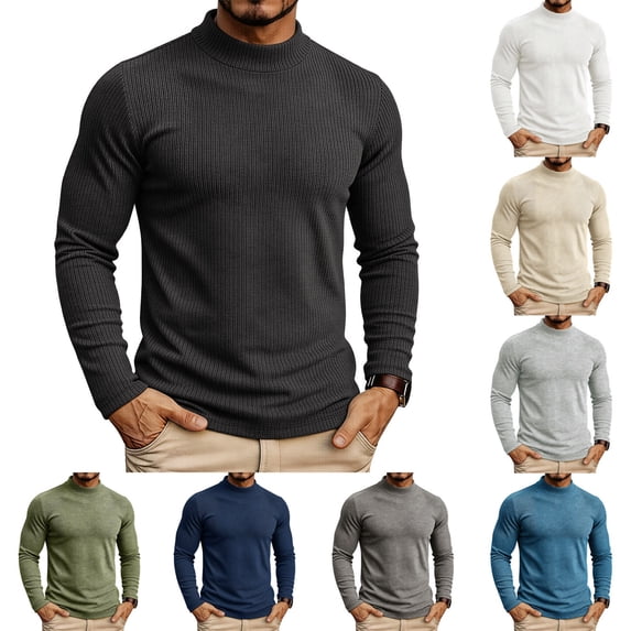 Zivyakyron Mock Neck Men Sweater Pullover Ribbed Fall Winter Gym Sweaters Loose Solid Layering Long Sleeve White M