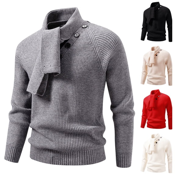 Zivyakyron Mock Neck Mens Sweater Raglan Ribbed Big and Tall Fall Winter Pullover Attached Ccarf Sweaters Long Sleeve Pink 4XL